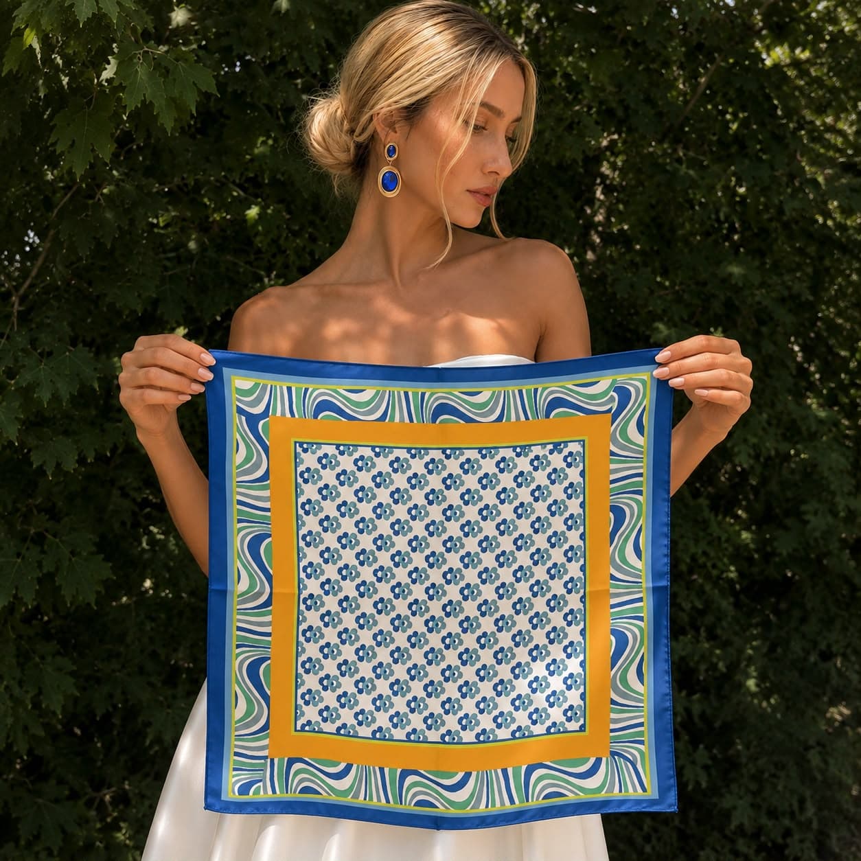 13944 Geometrik Desenli Kiremit Saten Bandana Fular 50x50 cm görsel 4