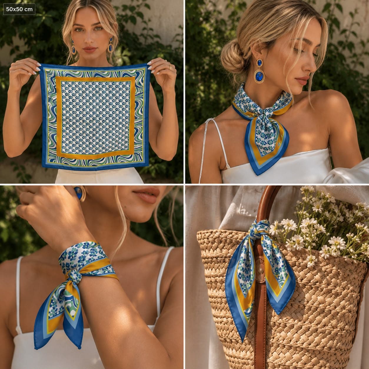 13944 Geometrik Desenli Kiremit Saten Bandana Fular 50x50 cm görsel 5