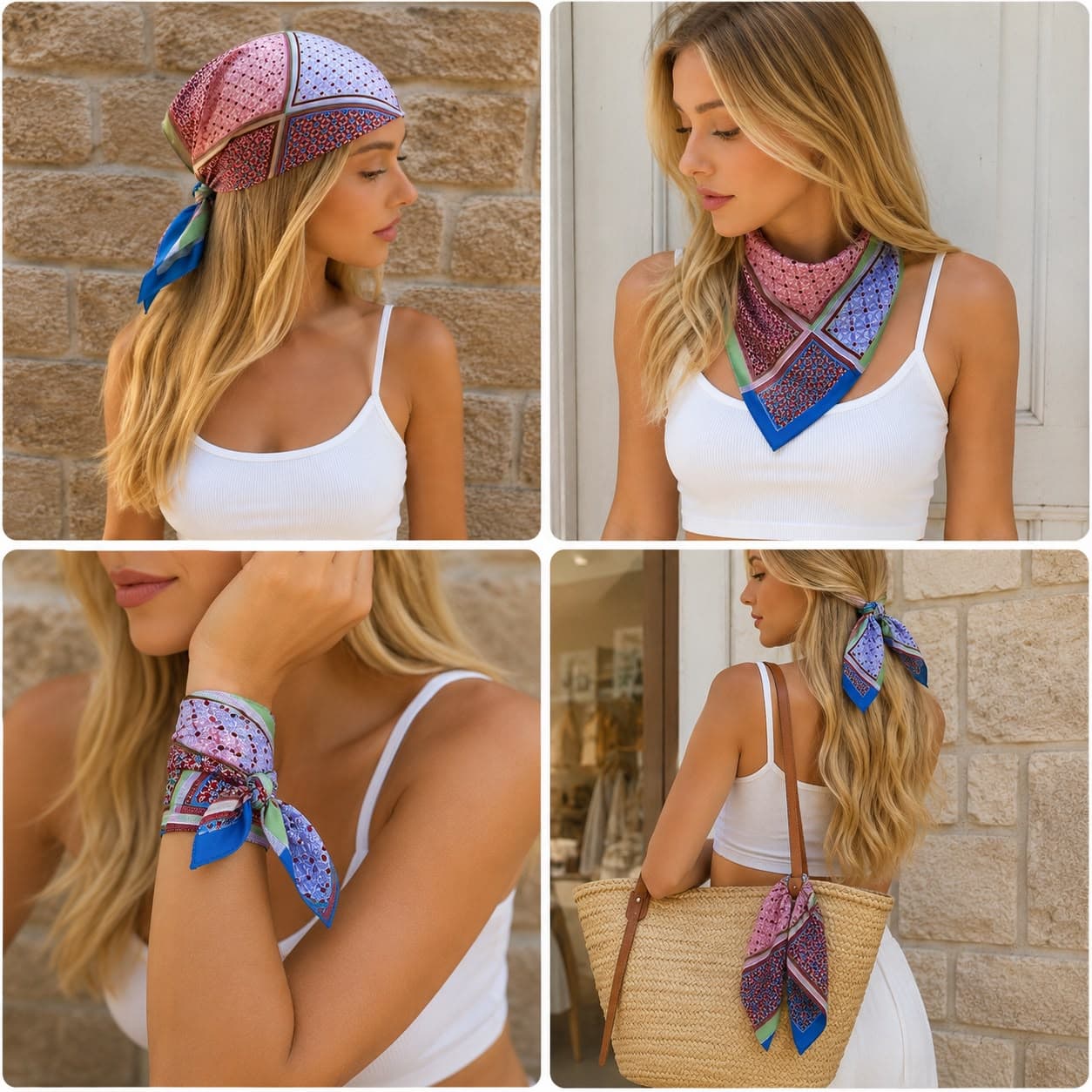 13945 Etnik Desenli Safran Yeşil Saten Bandana Fular 50x50 cm görsel 5