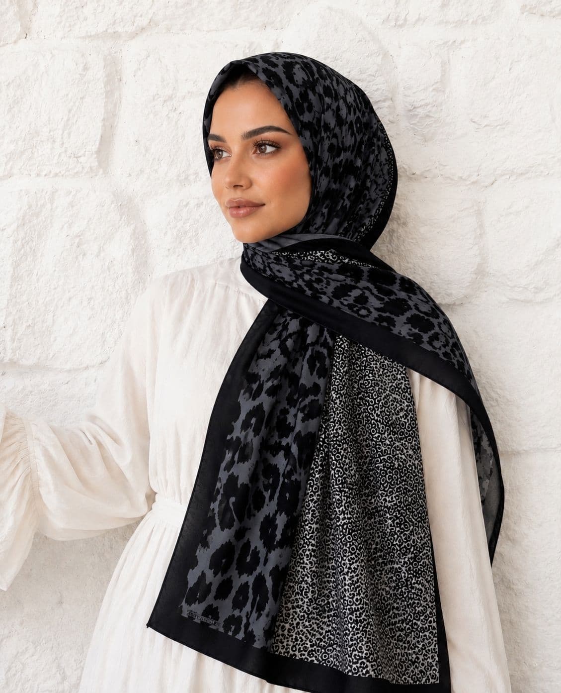 13955 Patchwork Leopar Desenli Siyah Yumuşak Dokulu Şal