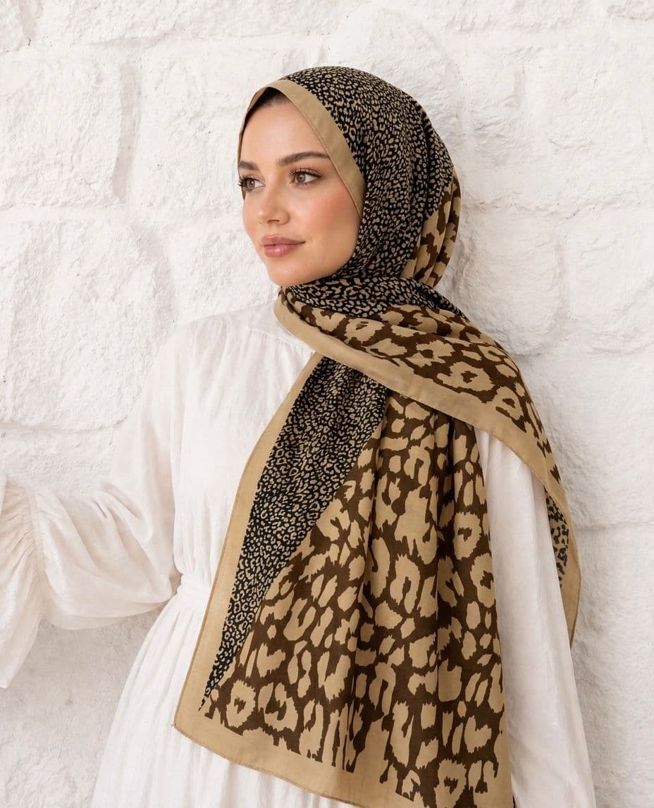 13955 Patchwork Leopar Desenli Bej Yumuşak Dokulu Şal