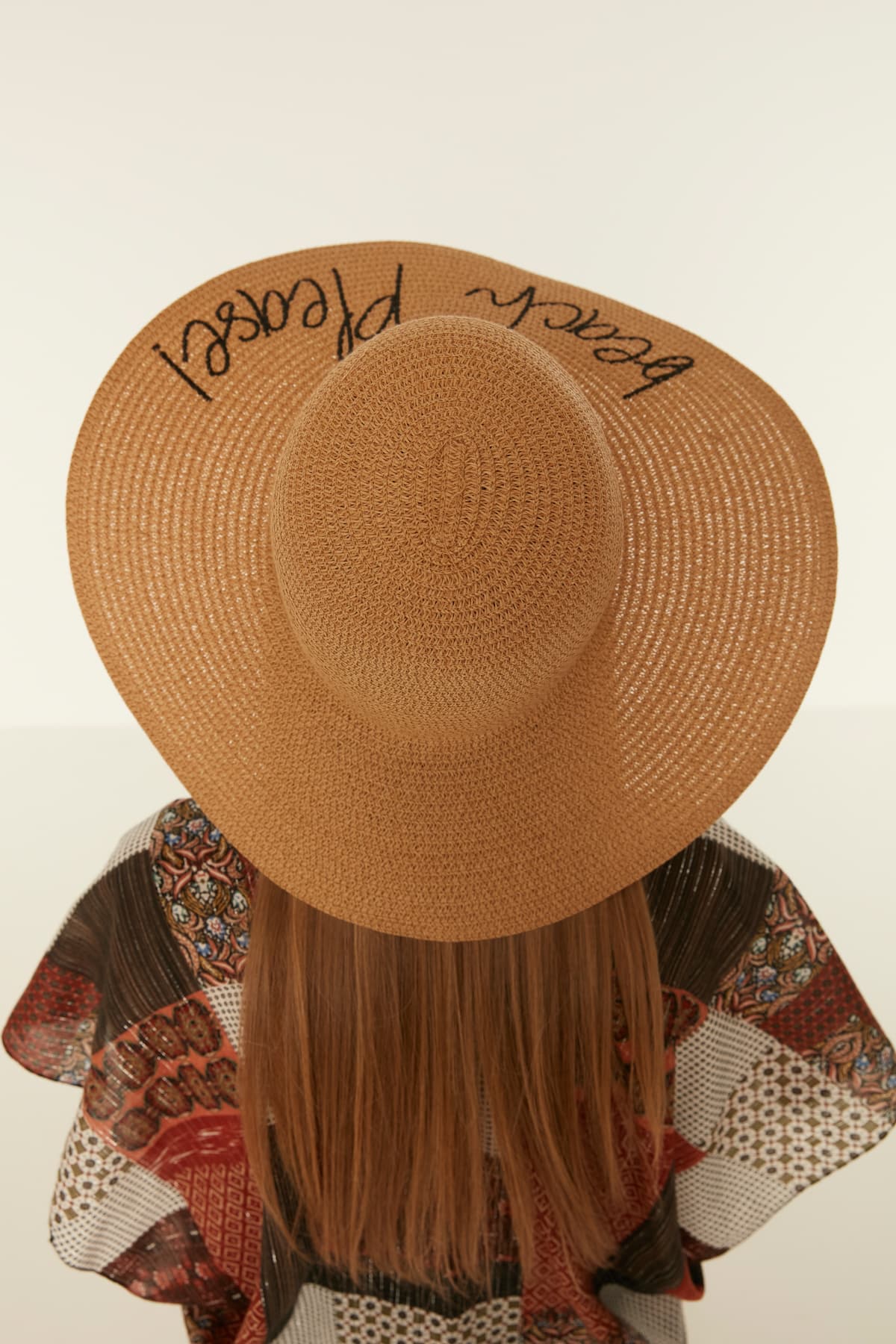 14232-9 Beach Please Yazılı Camel Hasır Kloş Şapka görsel 5