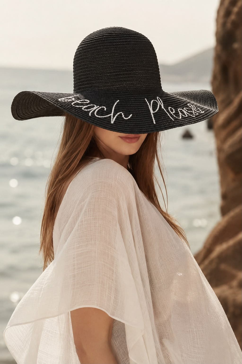 14232-9 Beach Please Yazılı Siyah Hasır Kloş Şapka görsel 2