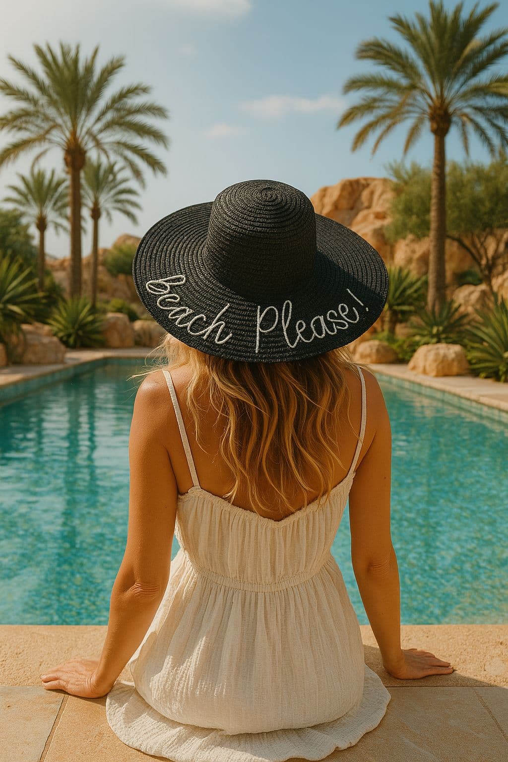 14232-9 Beach Please Yazılı Siyah Hasır Kloş Şapka görsel 3