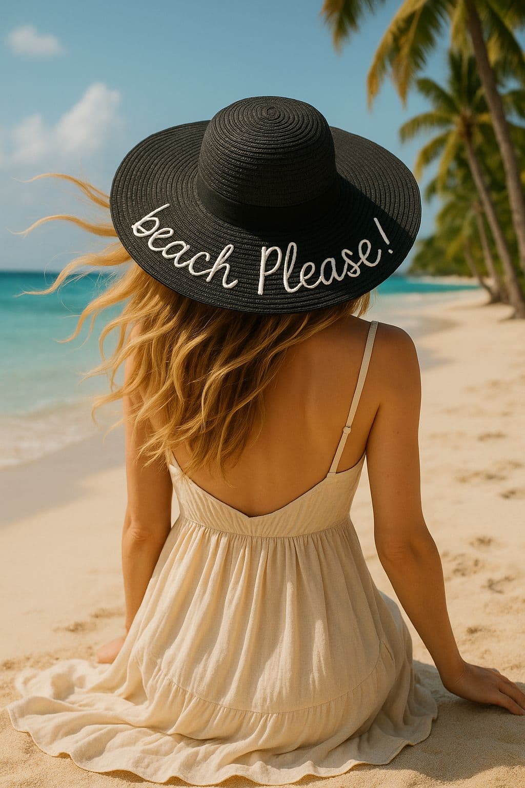 14232-9 Beach Please Yazılı Siyah Hasır Kloş Şapka görsel 5