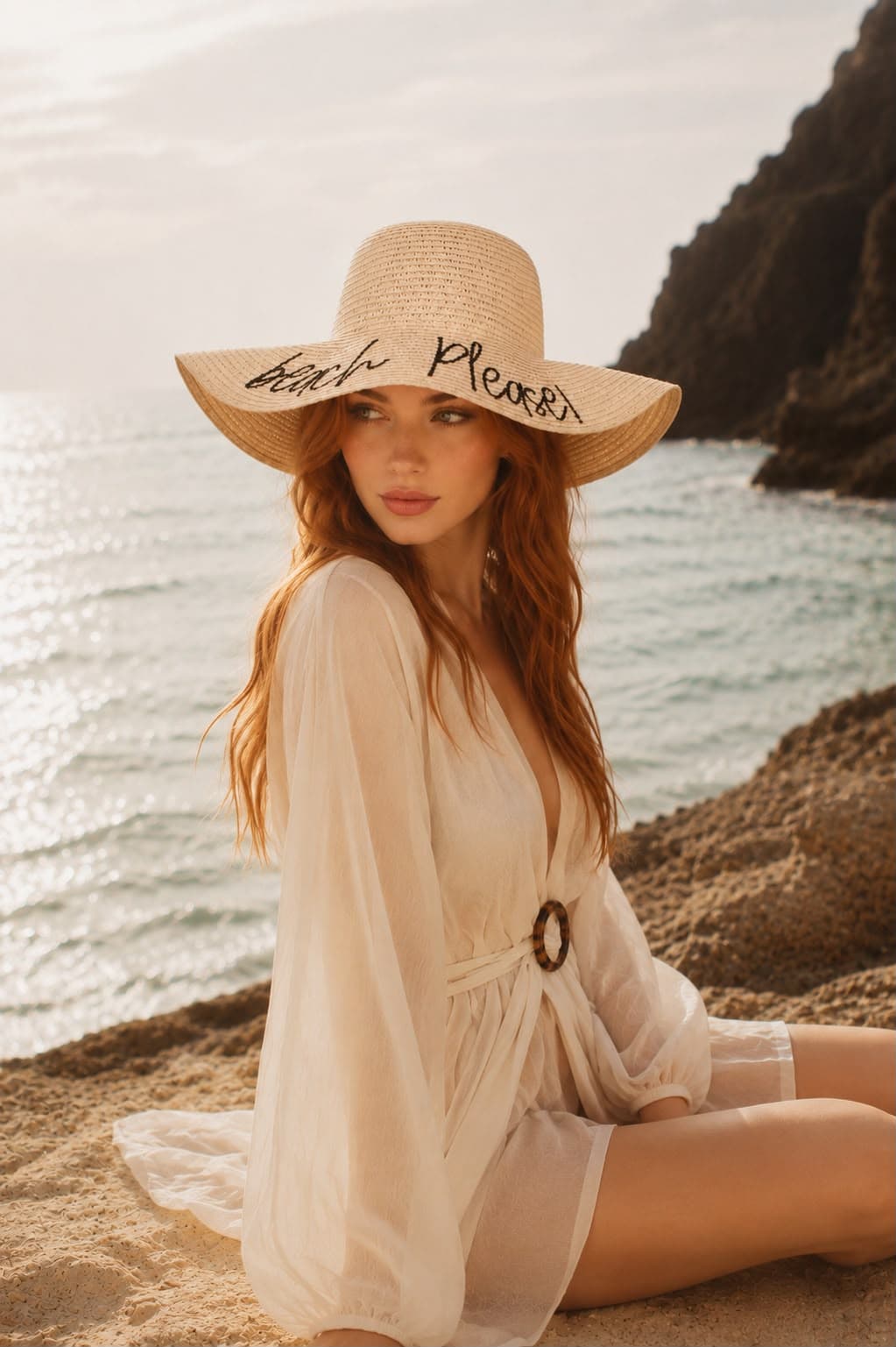 14232-9 Beach Please Yazılı Bej Hasır Kloş Şapka görsel 2