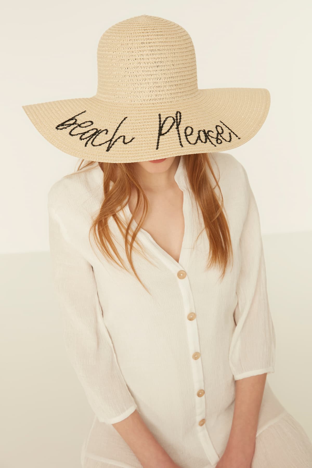 14232-9 Beach Please Yazılı Bej Hasır Kloş Şapka görsel 4