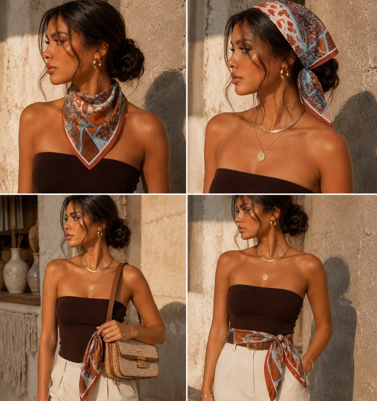 12353 Etro Desenli Kiremit Saten Bandana Fular 50x50 cm görsel 4