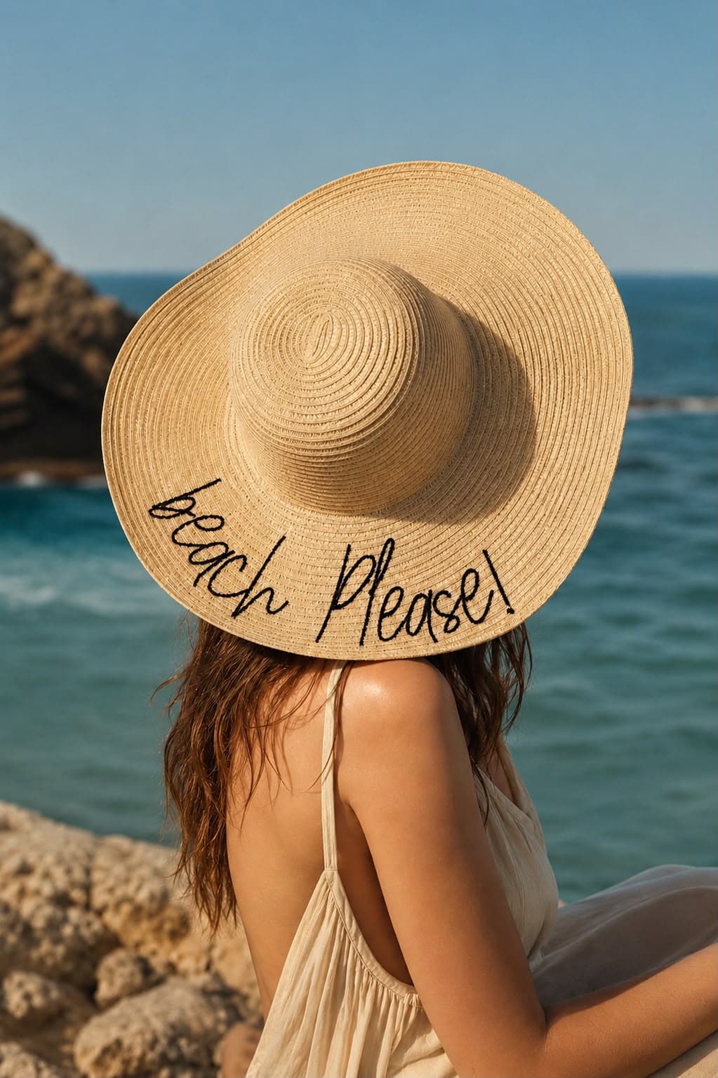 14232-9 Beach Please Yazılı Açık Bej Hasır Kloş Şapka görsel 2