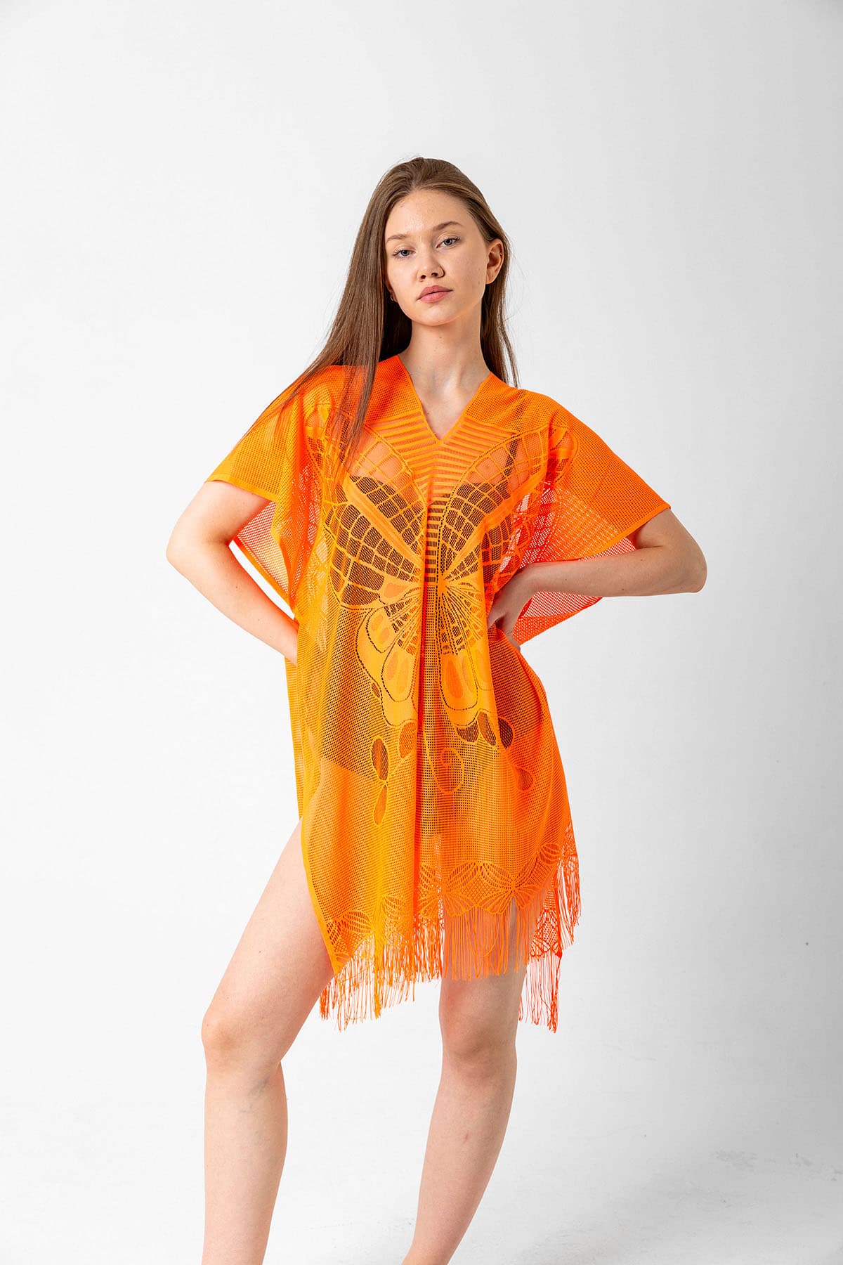 13336 Kelebek Desenli Fileli Orange Pareo görsel 2