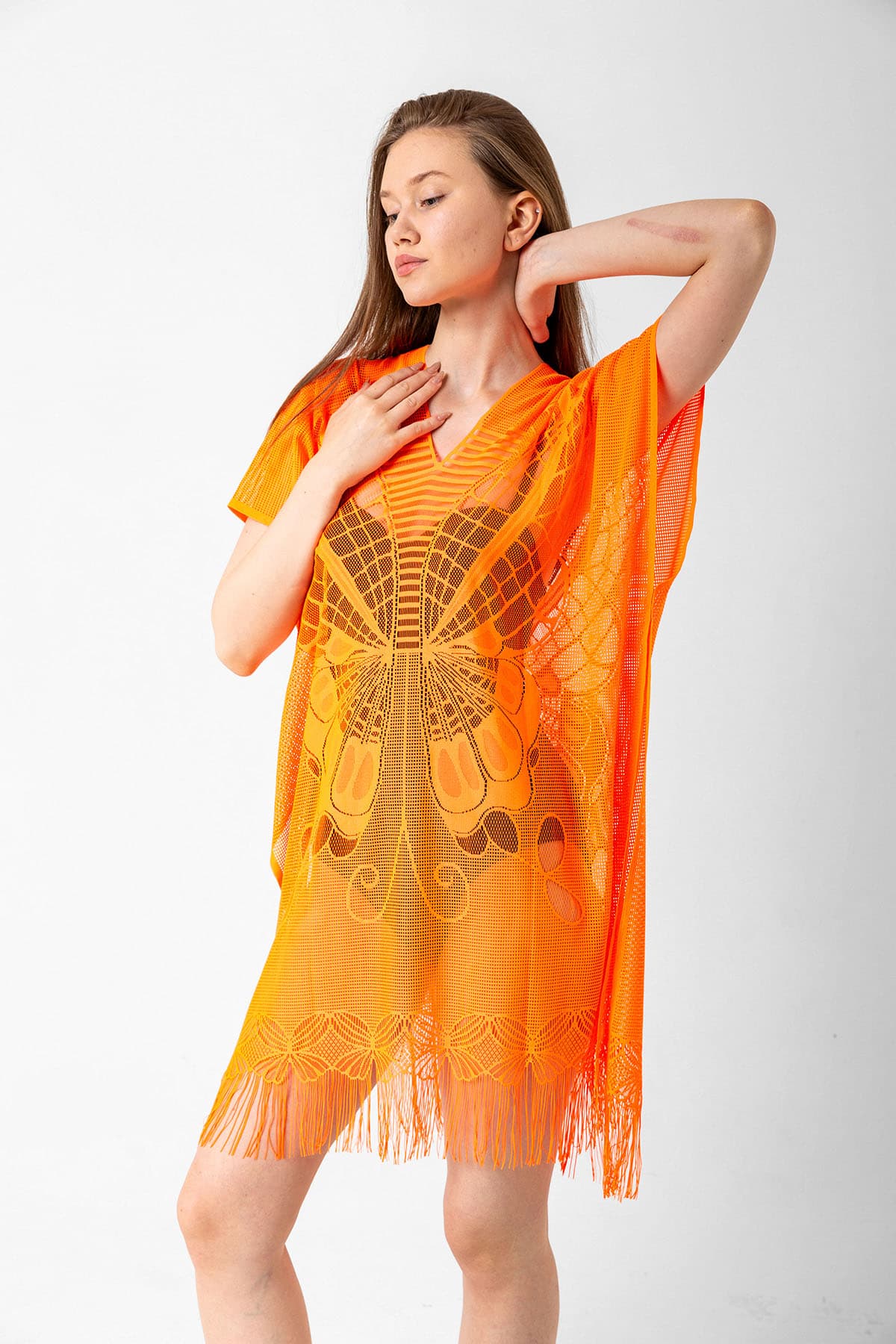 13336 Kelebek Desenli Fileli Orange Pareo görsel 3