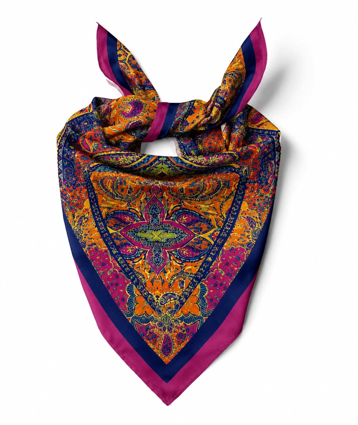 12397 Etnik Desenli Mavi Saten Bandana Fular 50x50 cm görsel 2