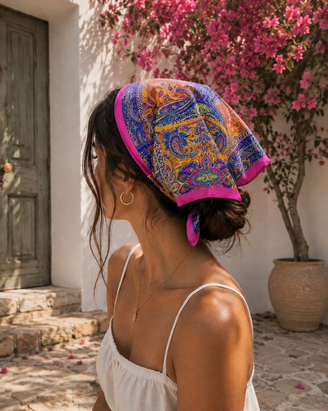 12397 Etnik Desenli Mavi Saten Bandana Fular 50x50 cm görsel 3