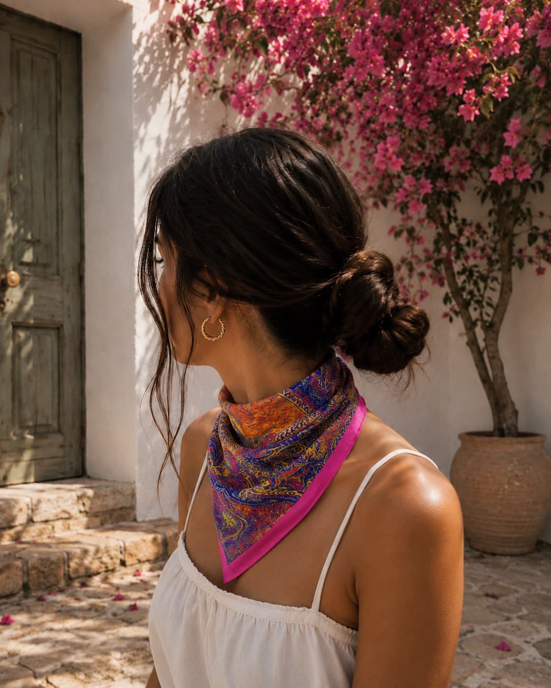 12397 Etnik Desenli Mavi Saten Bandana Fular 50x50 cm görsel 4