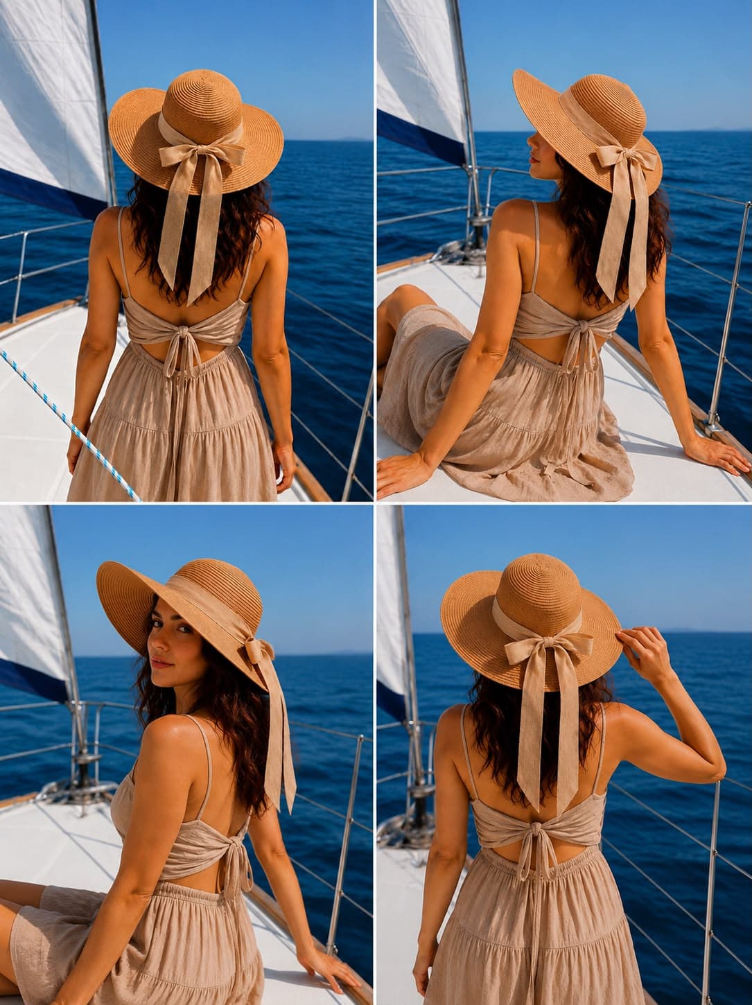 14232-32 Jüt İp Fiyonklu Camel Geniş Hasır Şapka görsel 4