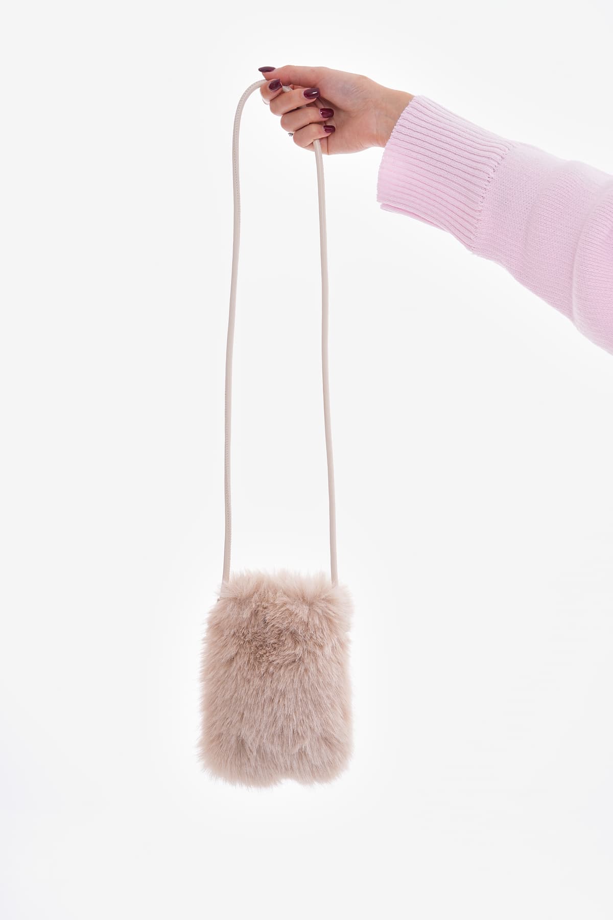 NWC-006 İçi Kadife Astarlı Bej Mini Peluş Çanta görsel 5