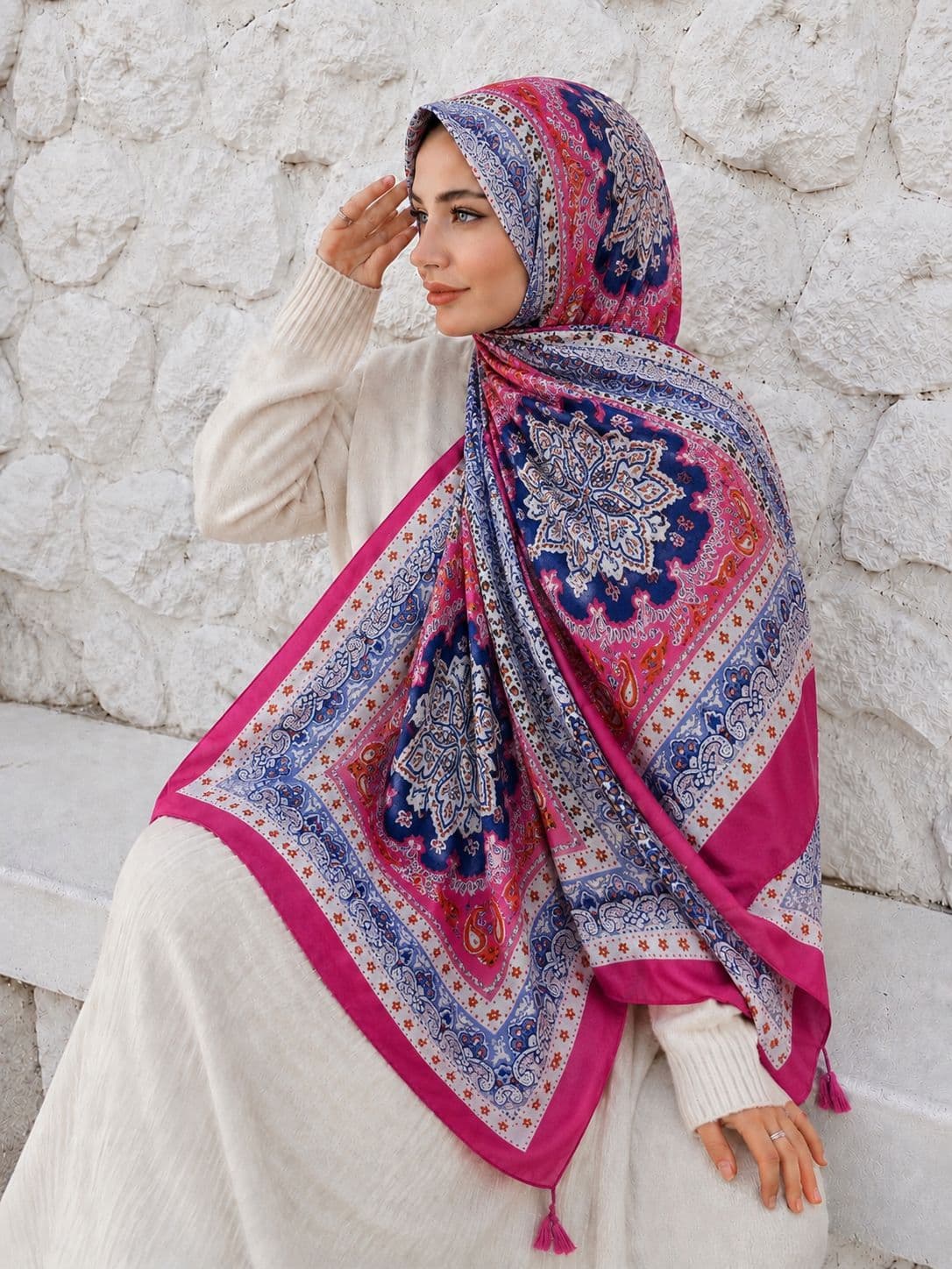 15238 Patchwork Desenli Mavi Püsküllü Şal