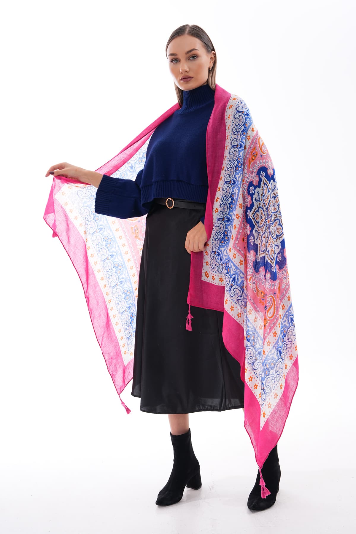 15238 Patchwork Desenli Mavi Püsküllü Şal görsel 2