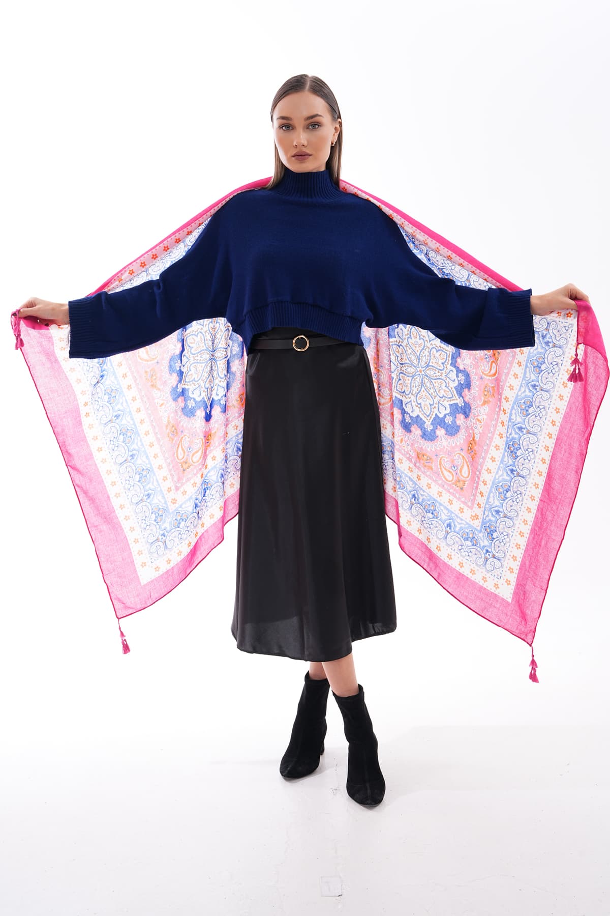 15238 Patchwork Desenli Mavi Püsküllü Şal görsel 3