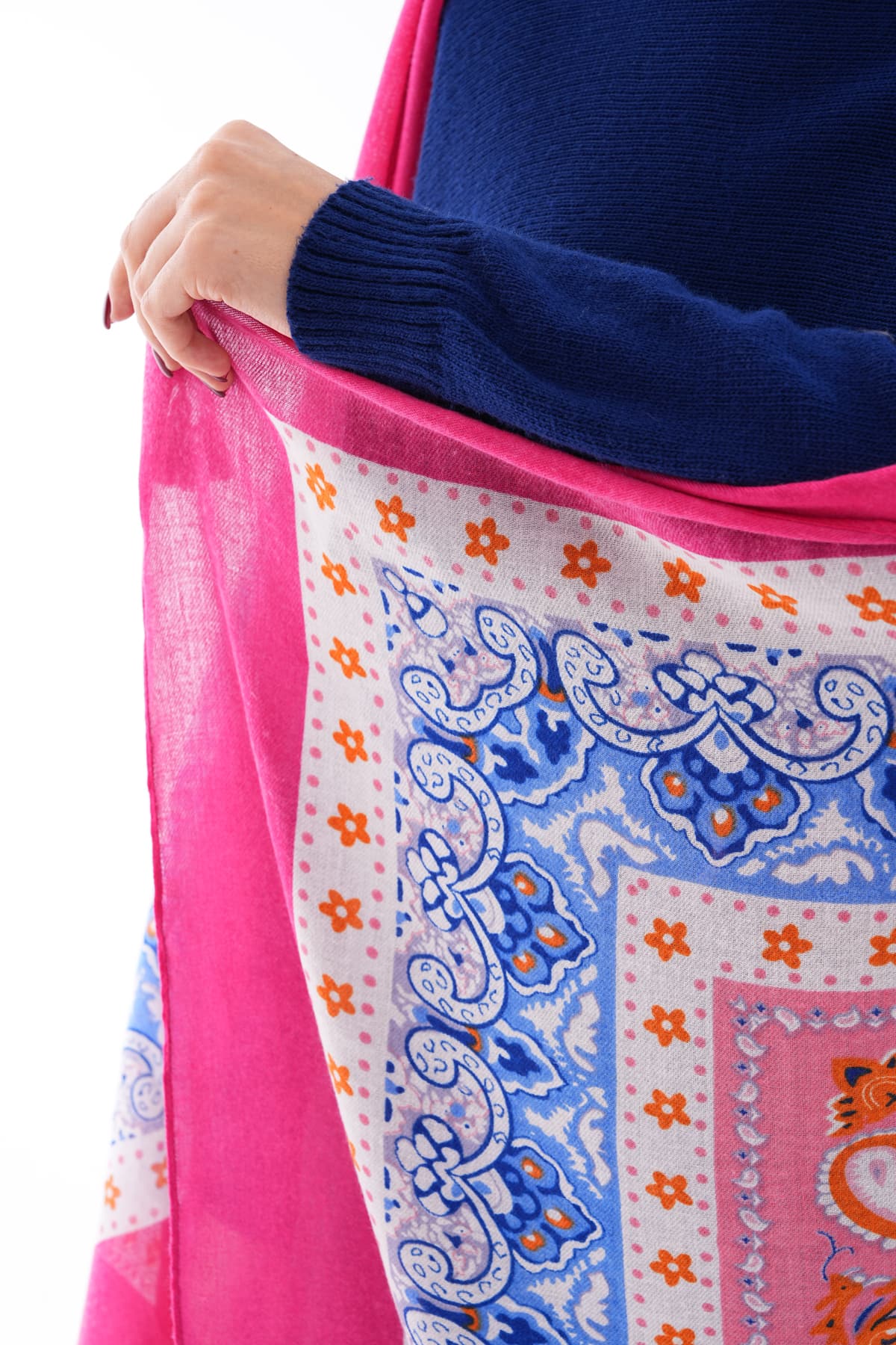 15238 Patchwork Desenli Mavi Püsküllü Şal görsel 4