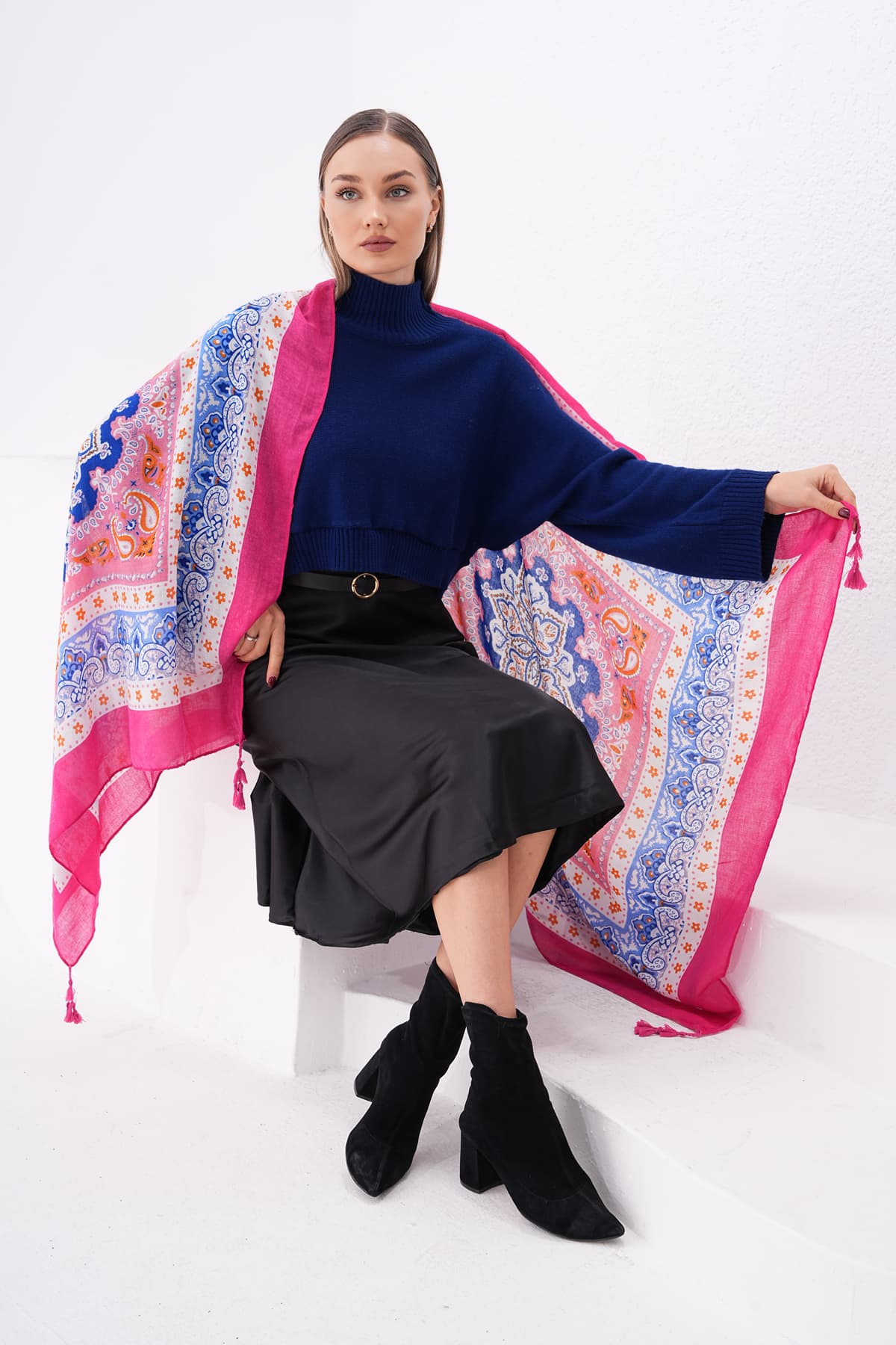 15238 Patchwork Desenli Mavi Püsküllü Şal görsel 5