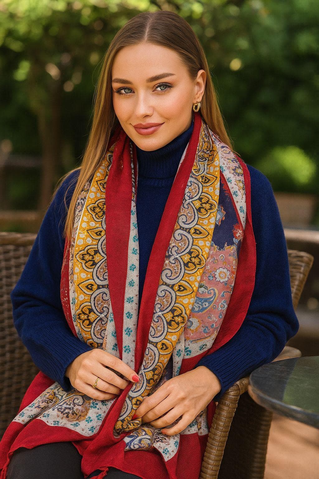 15238 Patchwork Desenli Bordo Püsküllü Şal görsel 2