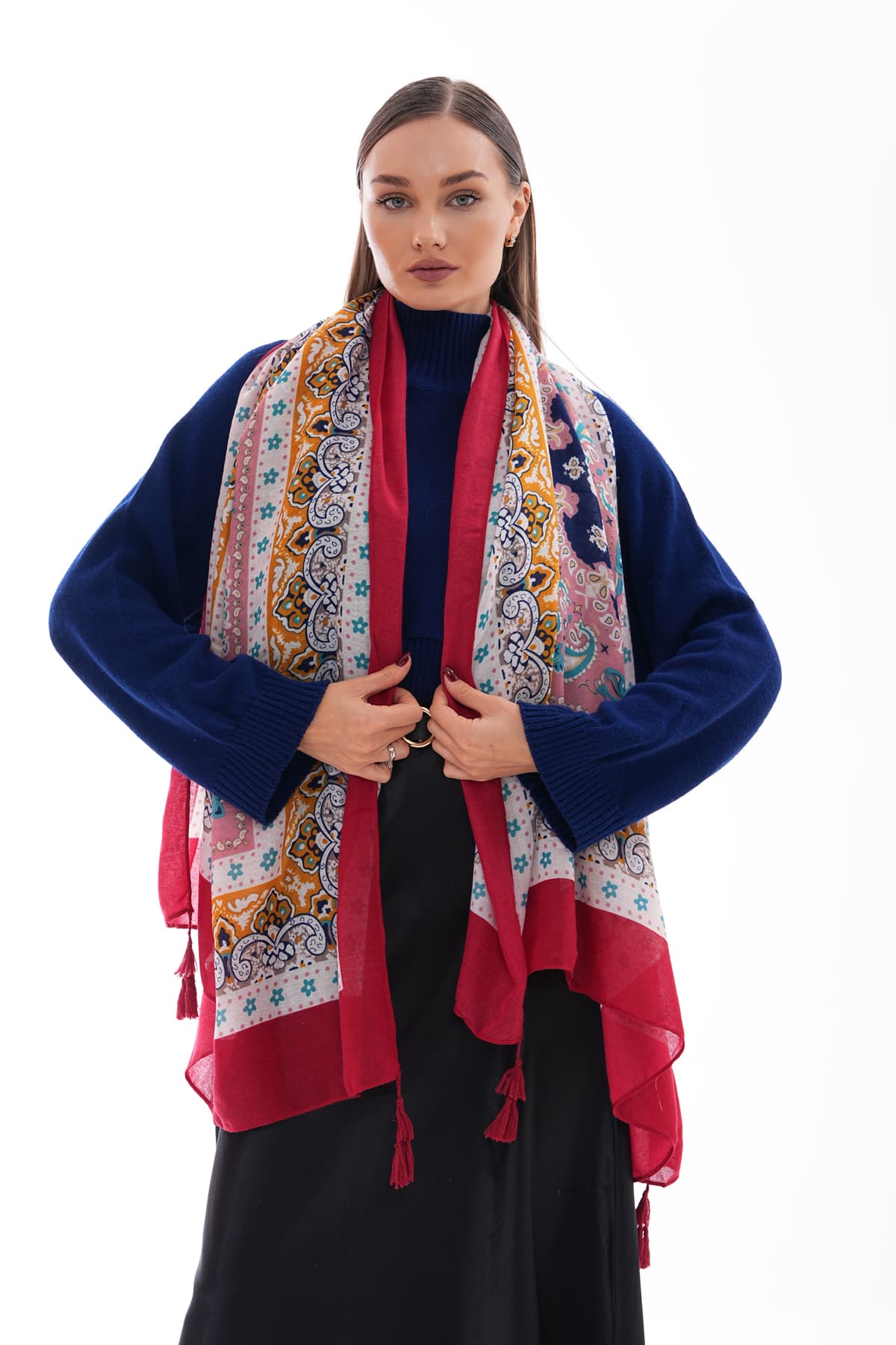 15238 Patchwork Desenli Bordo Püsküllü Şal görsel 3