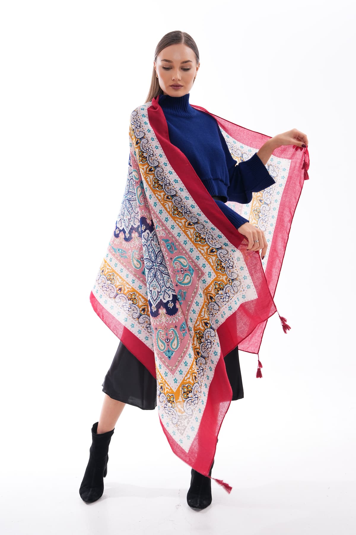 15238 Patchwork Desenli Bordo Püsküllü Şal görsel 4