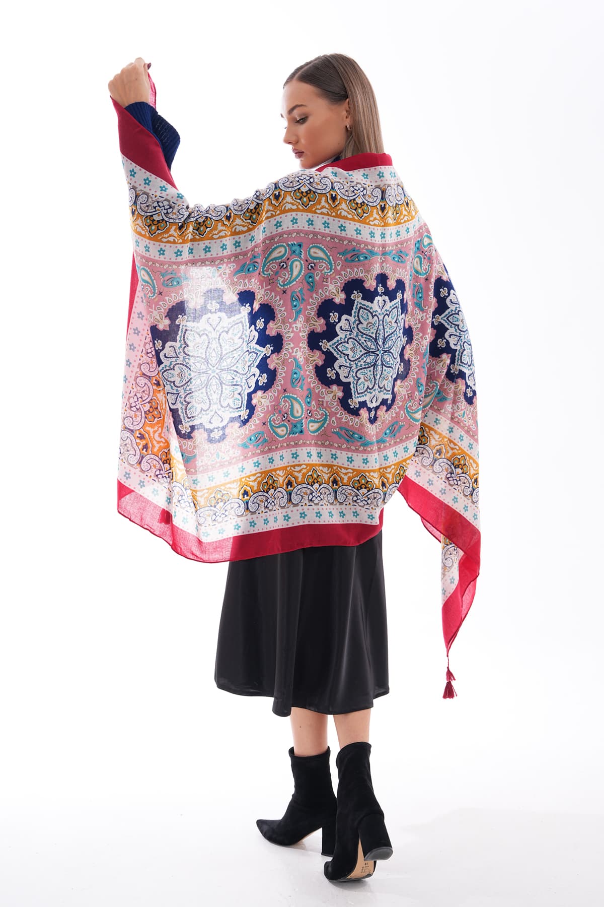 15238 Patchwork Desenli Bordo Püsküllü Şal görsel 5