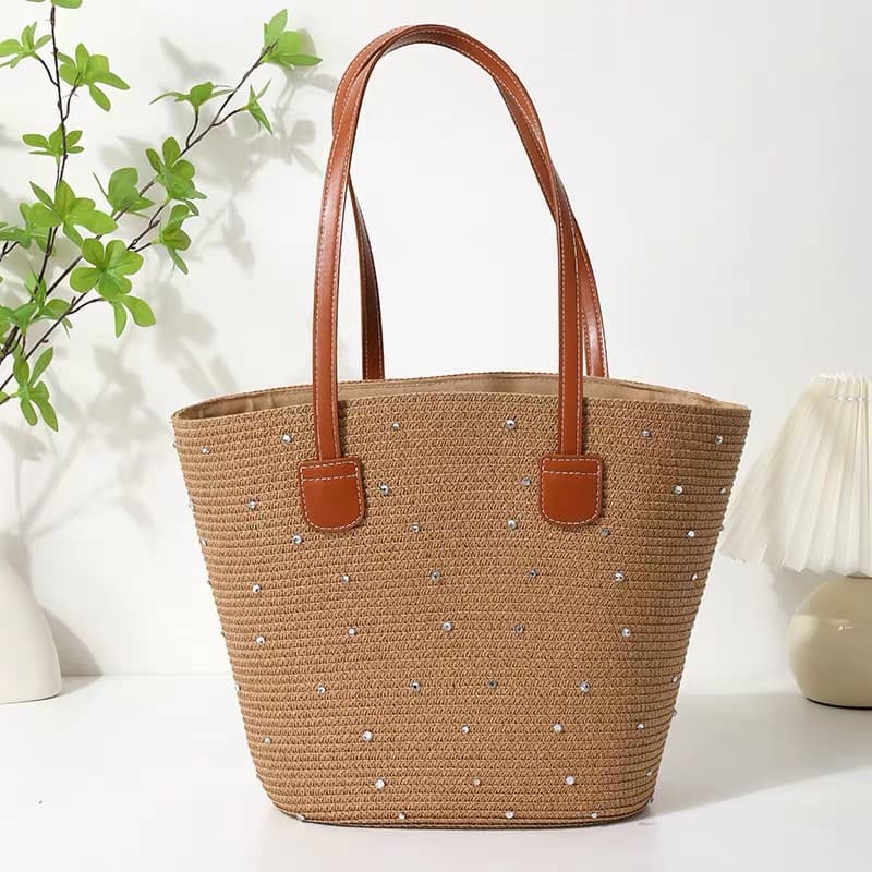 NWC-1045 Taşlı Camel Hasır Kol Çantası görsel 3