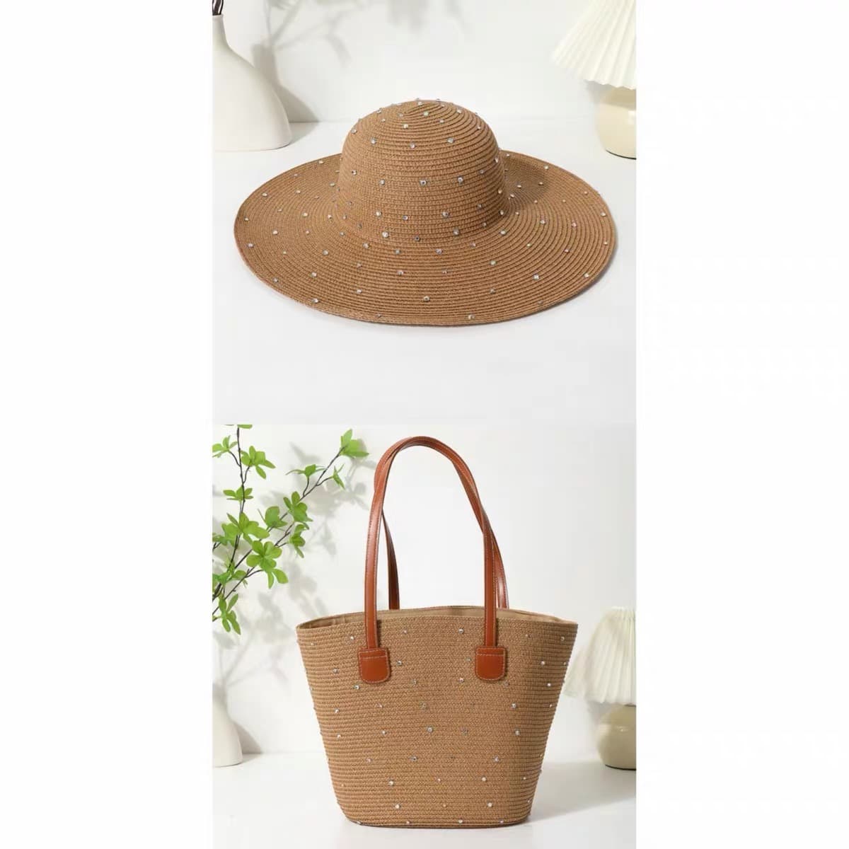 NWC-1045 Taşlı Camel Hasır Kol Çantası görsel 4