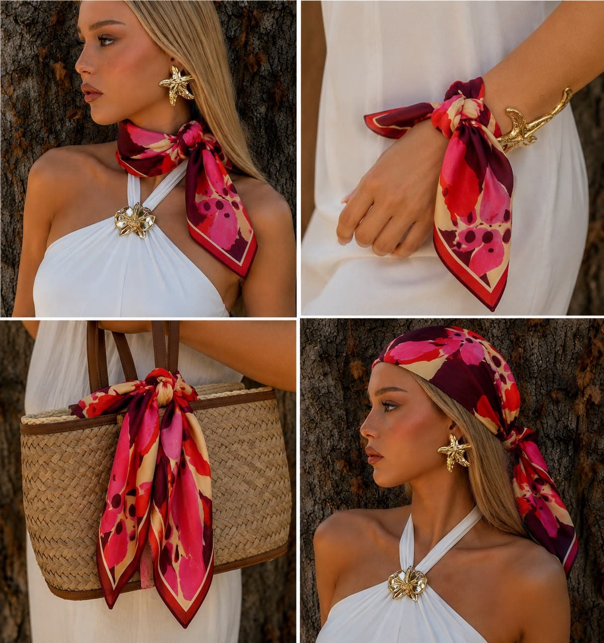 15317 Çiçek Desenli Kırmızı Saten Bandana Fular 50x50 cm görsel 4