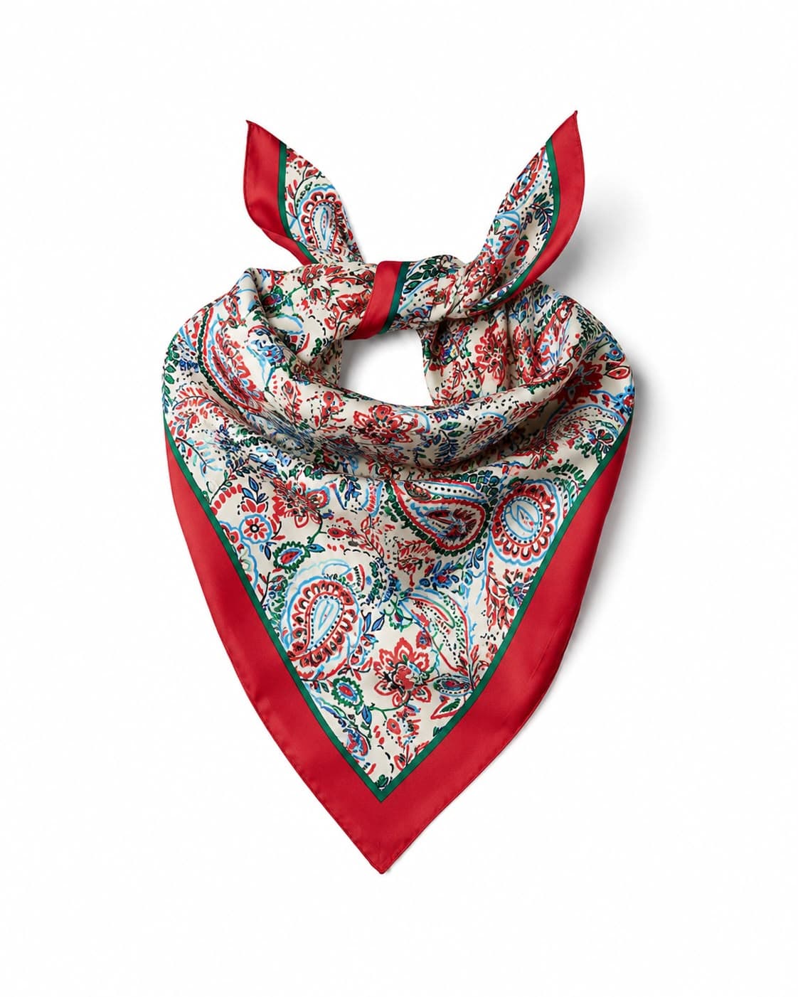 15318 Şal Desenli Kırmızı Saten Bandana Fular 50x50 cm görsel 3