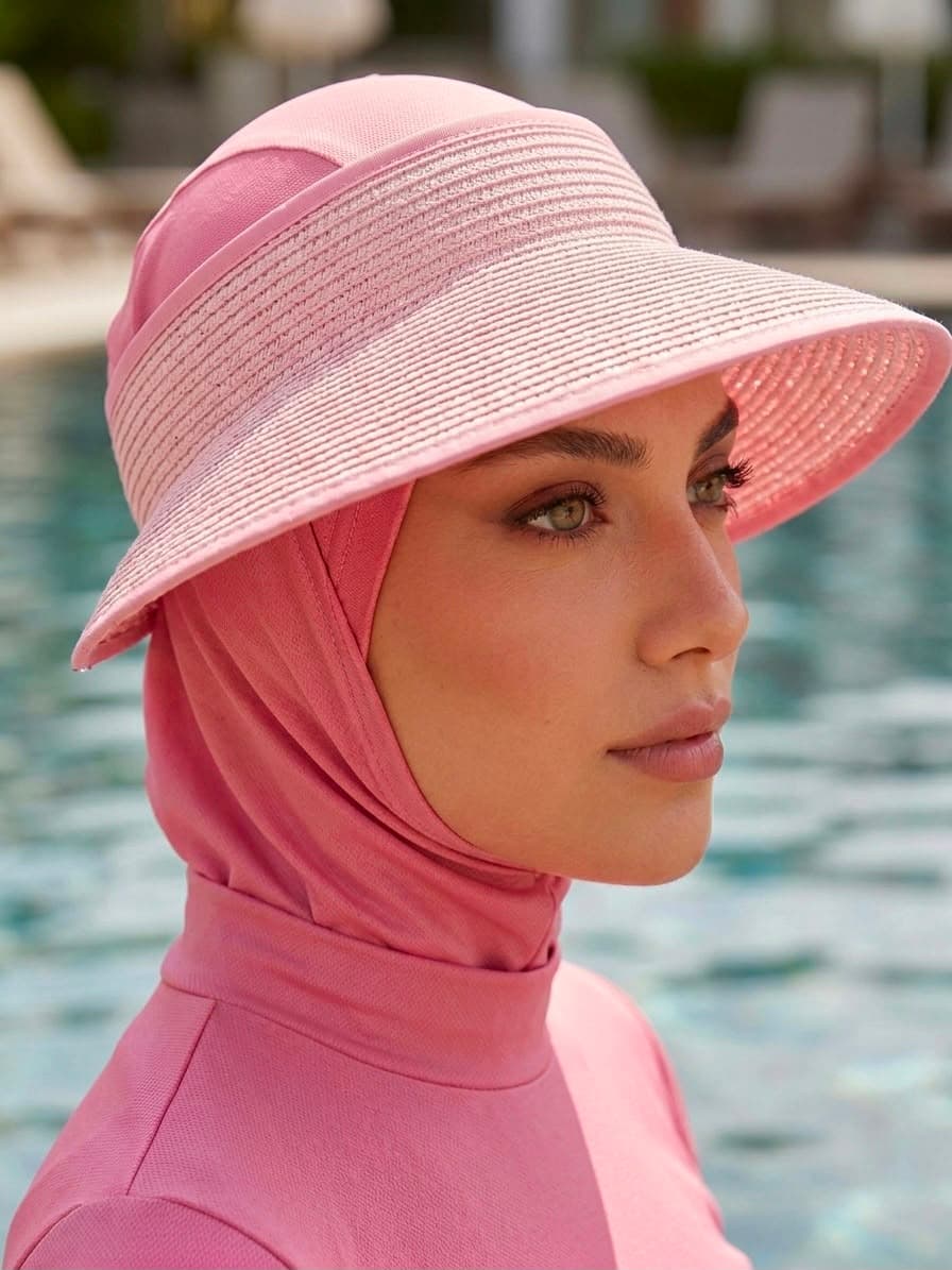 14624 Fiyonklu Pembe Geniş Üstü Açık Hasır Vizör Şapka görsel 3
