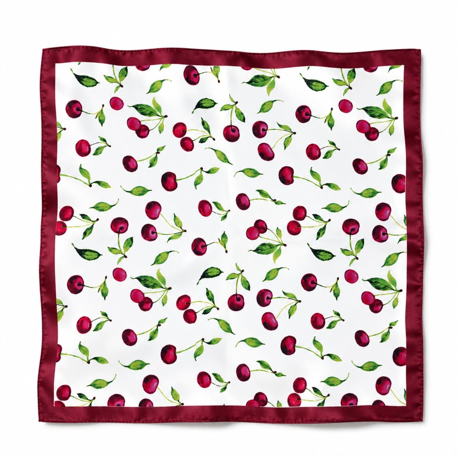 15326 Kiraz Desenli Kırmızı Beyaz Saten Bandana Fular 50x50 cm