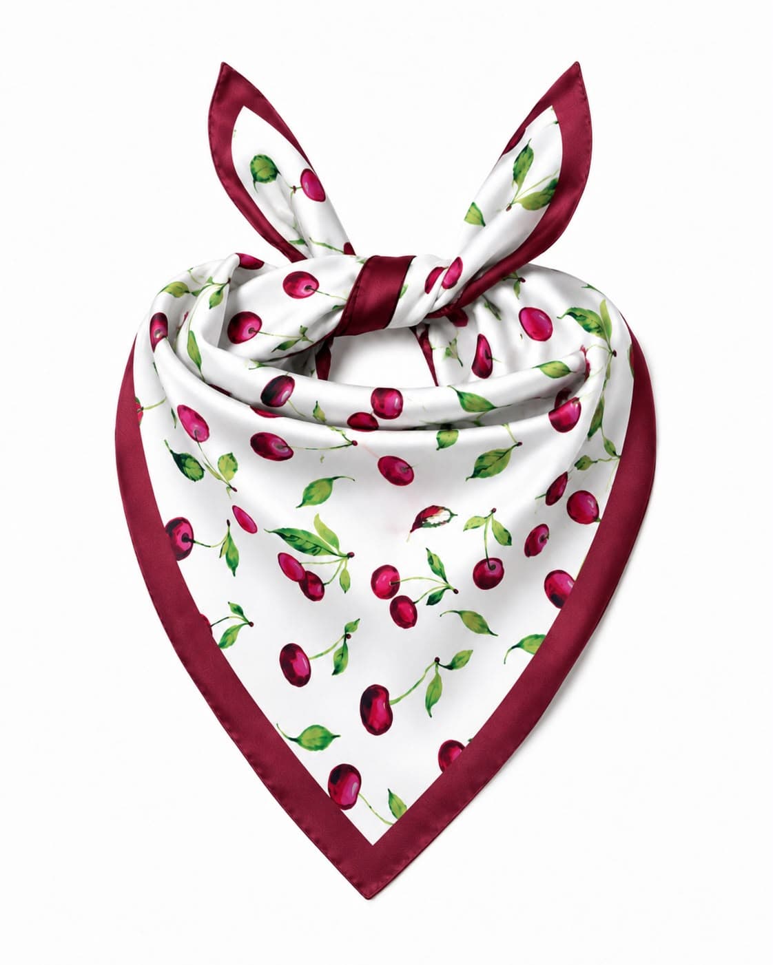 15326 Kiraz Desenli Kırmızı Beyaz Saten Bandana Fular 50x50 cm görsel 2