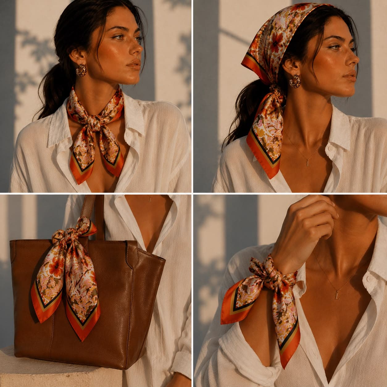 14945 Çiçek Desenli Kiremit Saten Bandana Fular 50x50 cm görsel 5