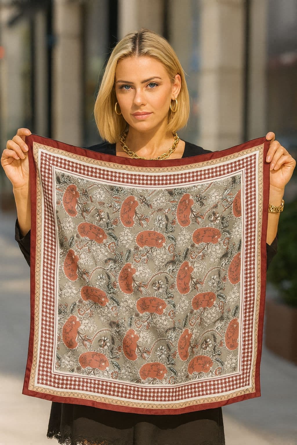 14848 Şal Desenli Kırmızı Çift Tarafı Baskılı Bandana Fular 70x70 cm