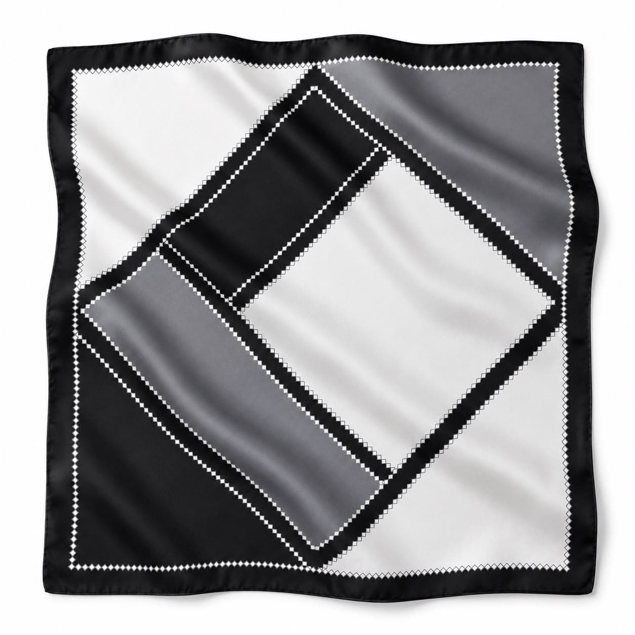 14886 Geometrik Desenli Siyah Beyaz Çift Tarafı Baskılı Bandana Fular 70x70 cm görsel 4