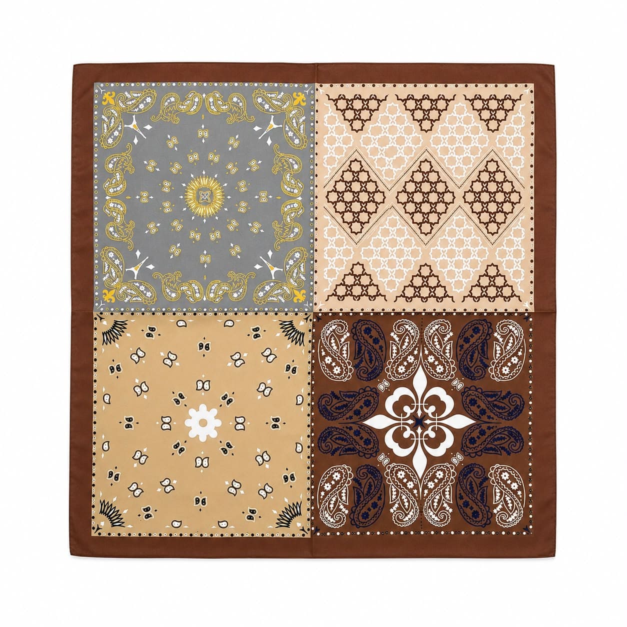 14890 Patchwork Desenli Kahve Çift Tarafı Baskılı Bandana Fular 70x70 cm görsel 5