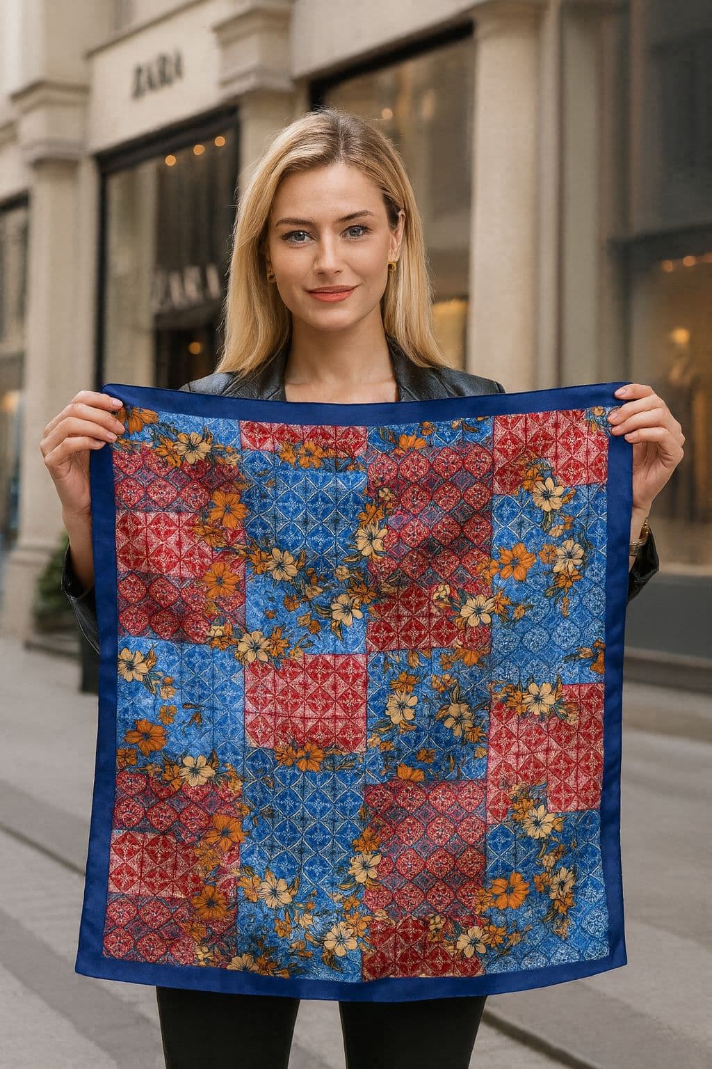 14930 Çiçek Desenli Lacivert Çift Tarafı Baskılı Bandana Fular 90x90 cm