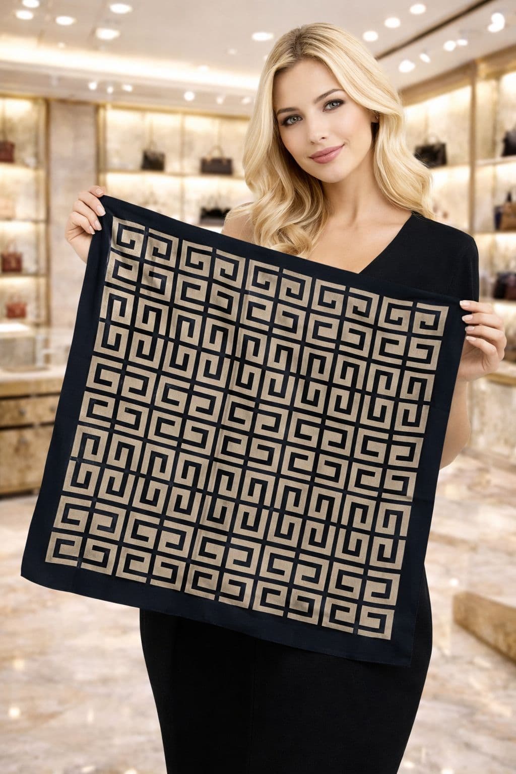 15333 Geometrik Desen Siyah Bandana Fular 90x90 cm