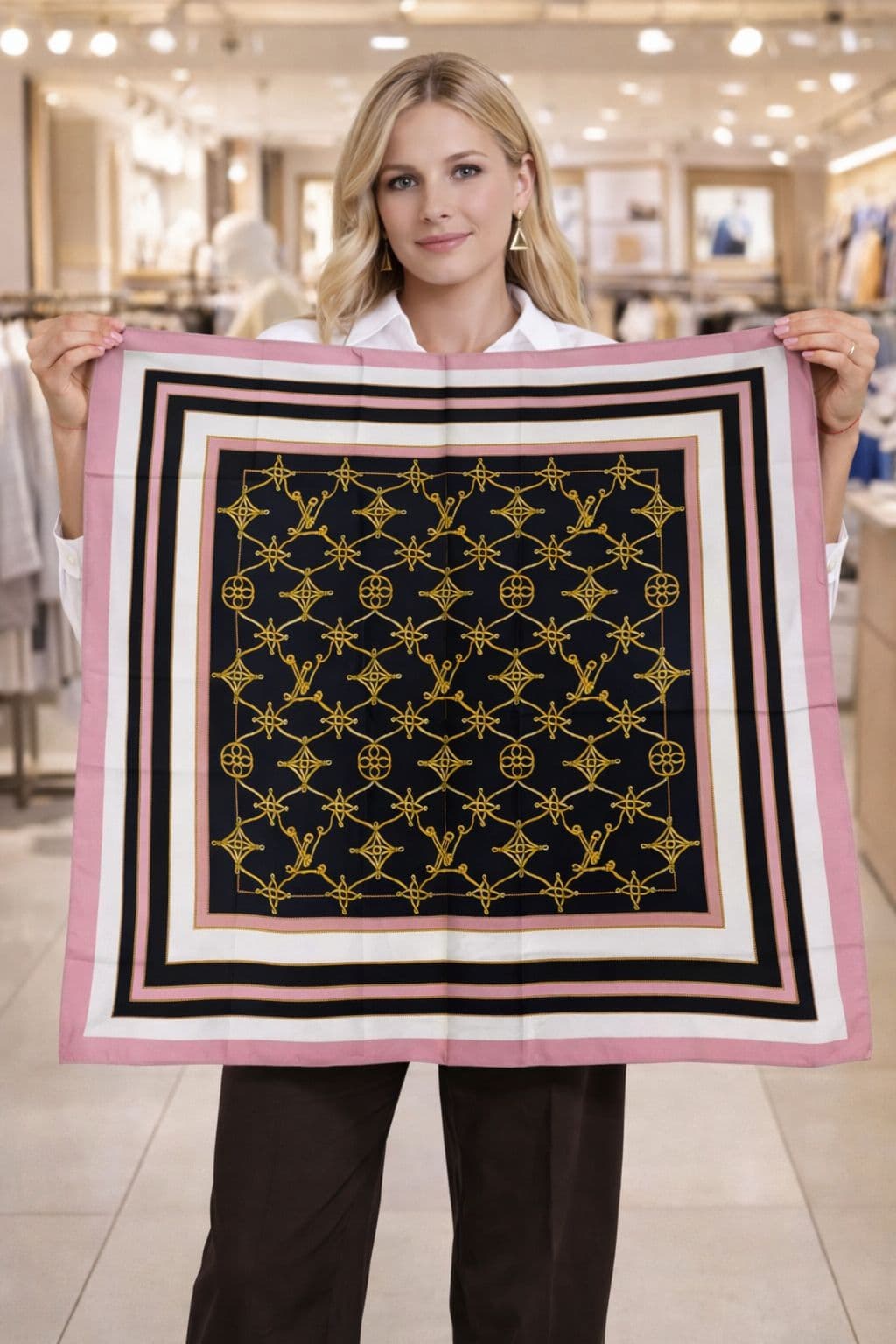 15336 Desenli Pembe Bandana Fular 90x90 cm