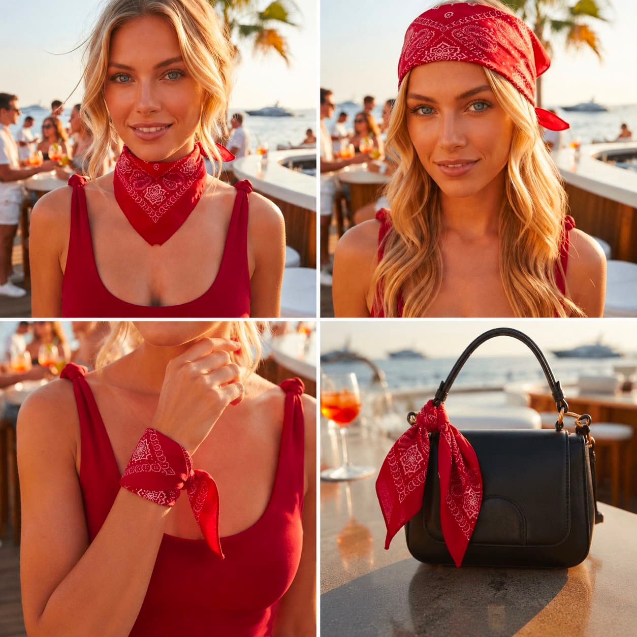 13999 Pamuklu Şal Desenli Kırmızı Bandana Fular 50x50 cm görsel 3