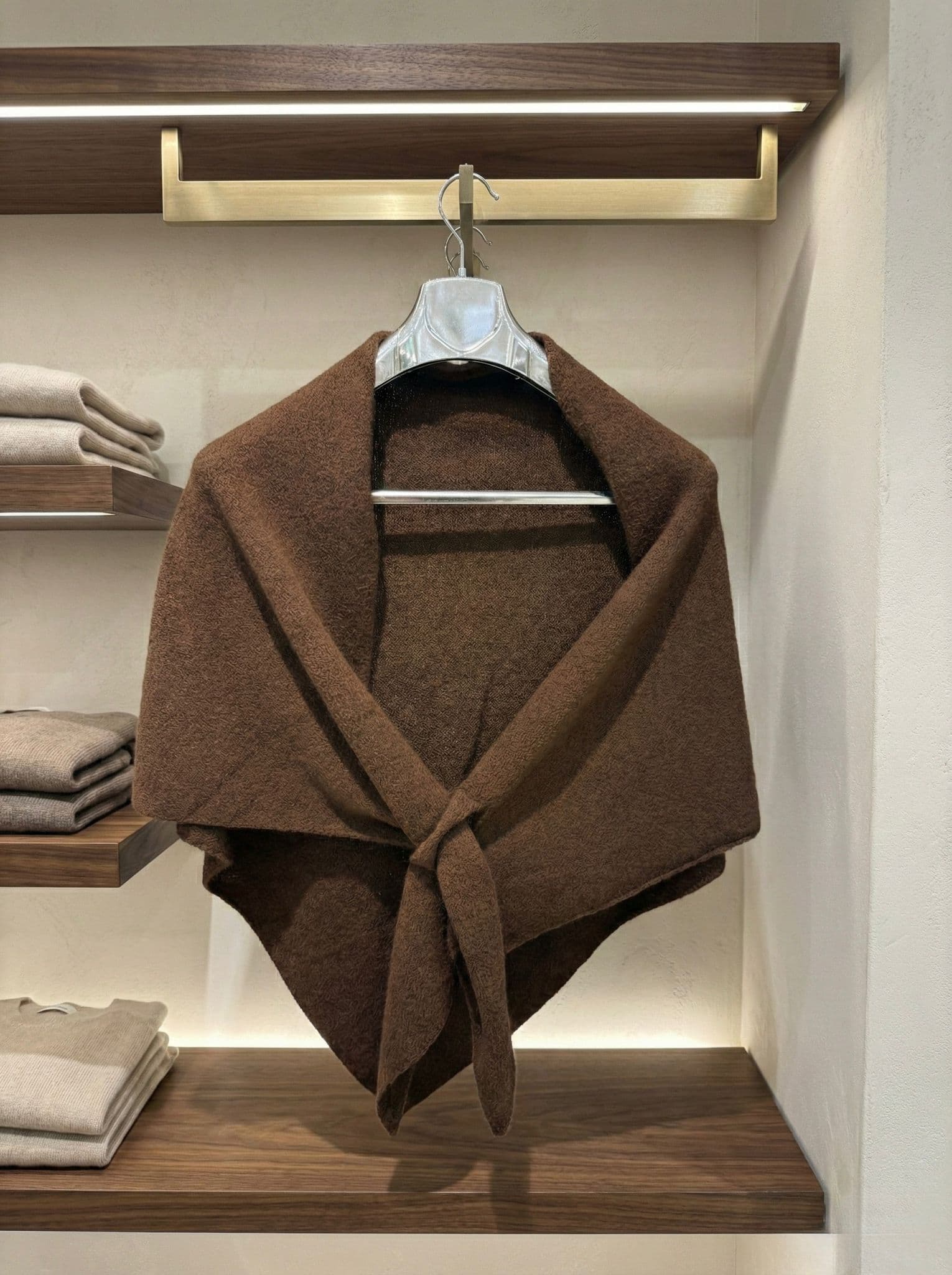 S009-1 Kahverengi Üçgen İçten Geçmeli Triko Omuz Şalı