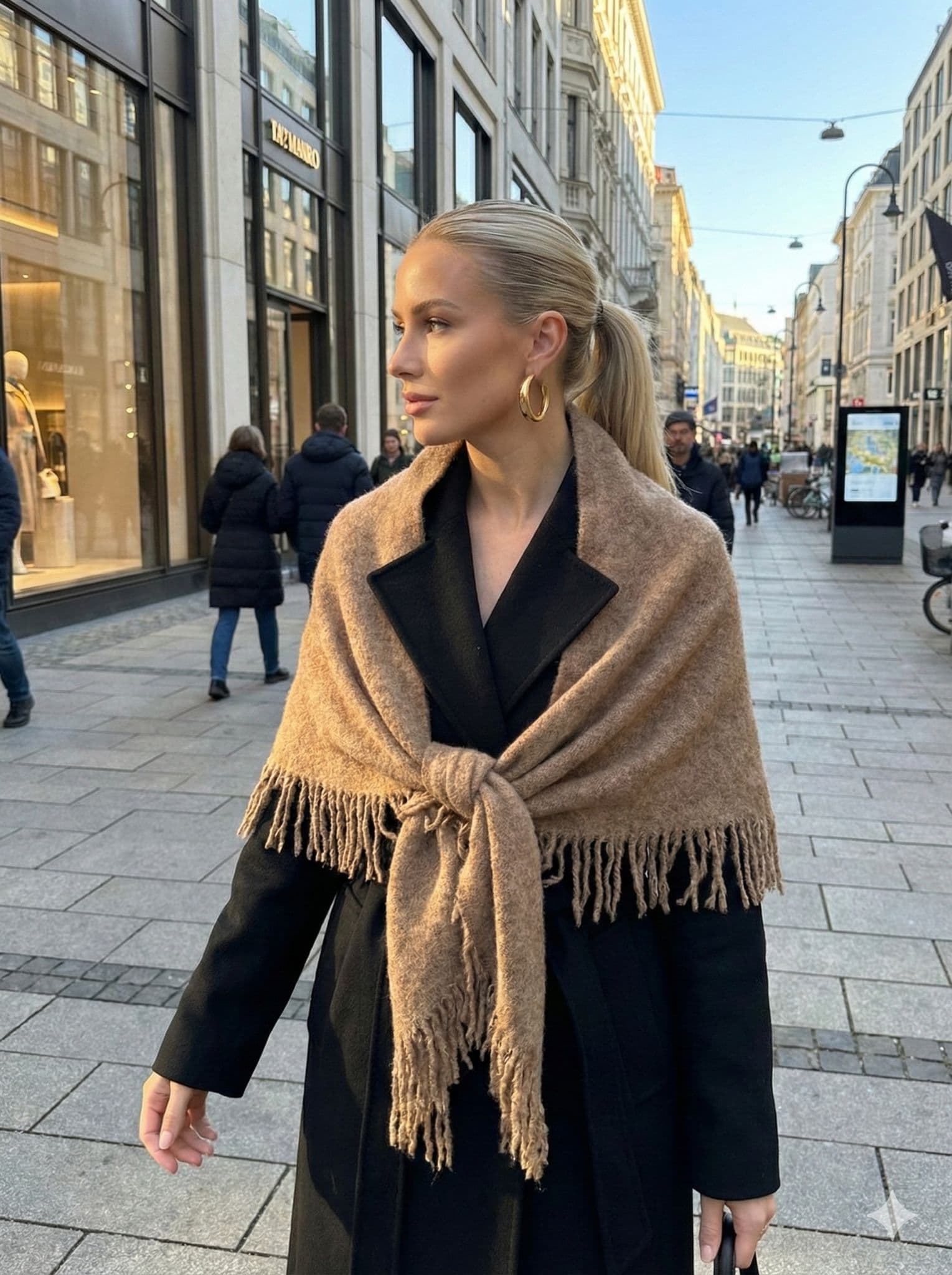 S013 Püsküllü Camel Üçgen İçten Geçmeli Triko Omuz Şalı