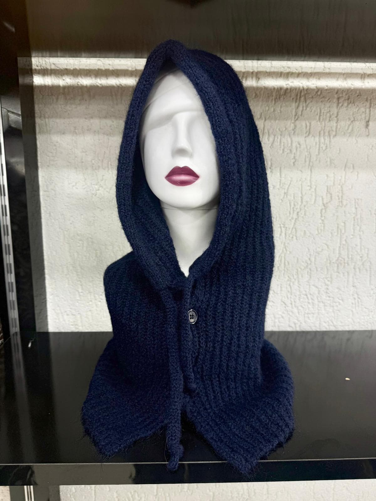 14800-2 Lacivert Boyundan Geçmeli Yumuşak Dokulu Düğmeli Bağcıklı Balaklava Model Triko Bere görsel 2
