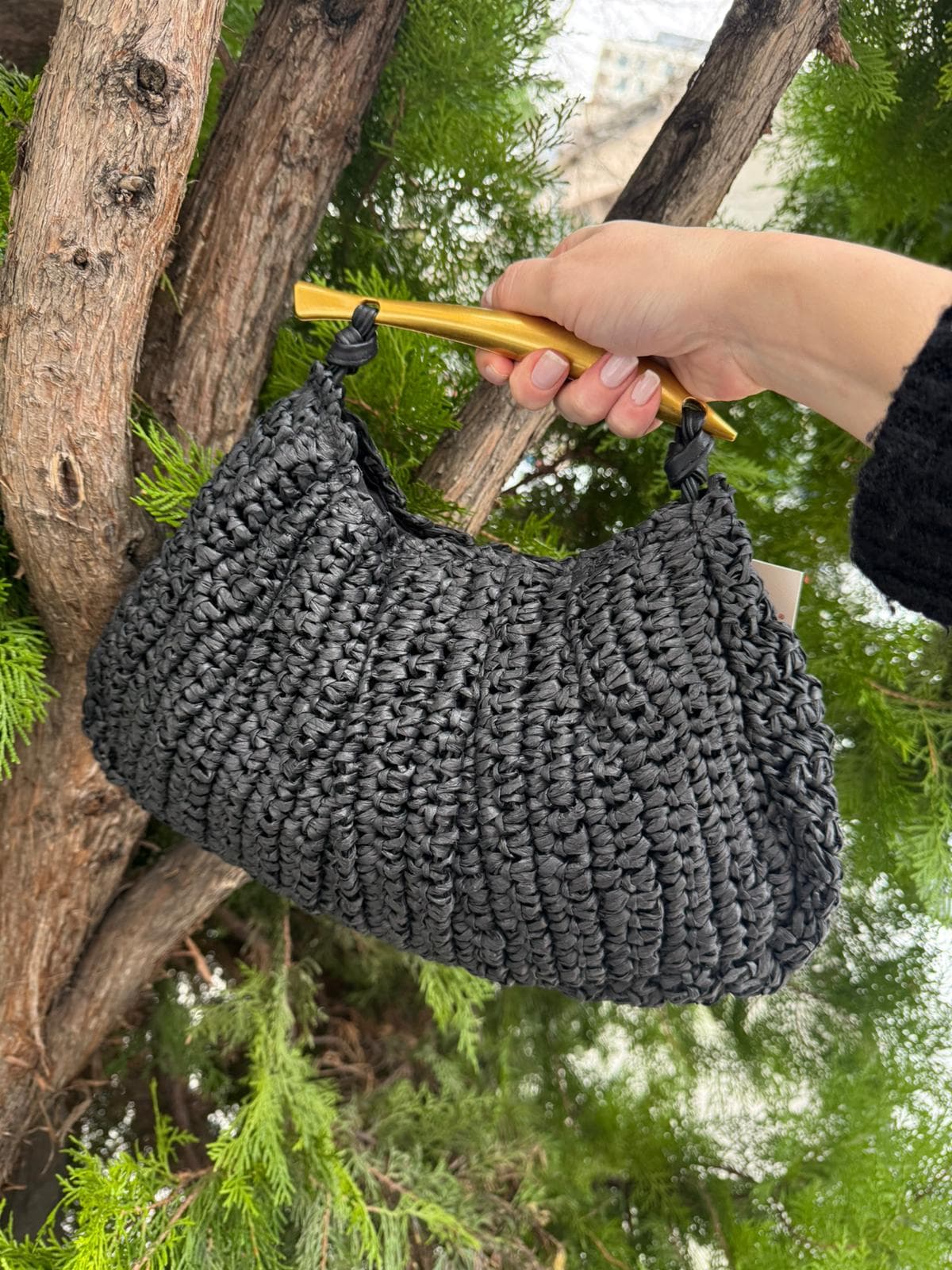 NWC-1058 Siyah Çıtçıtlı Hasır Çanta 33x20 cm görsel 2