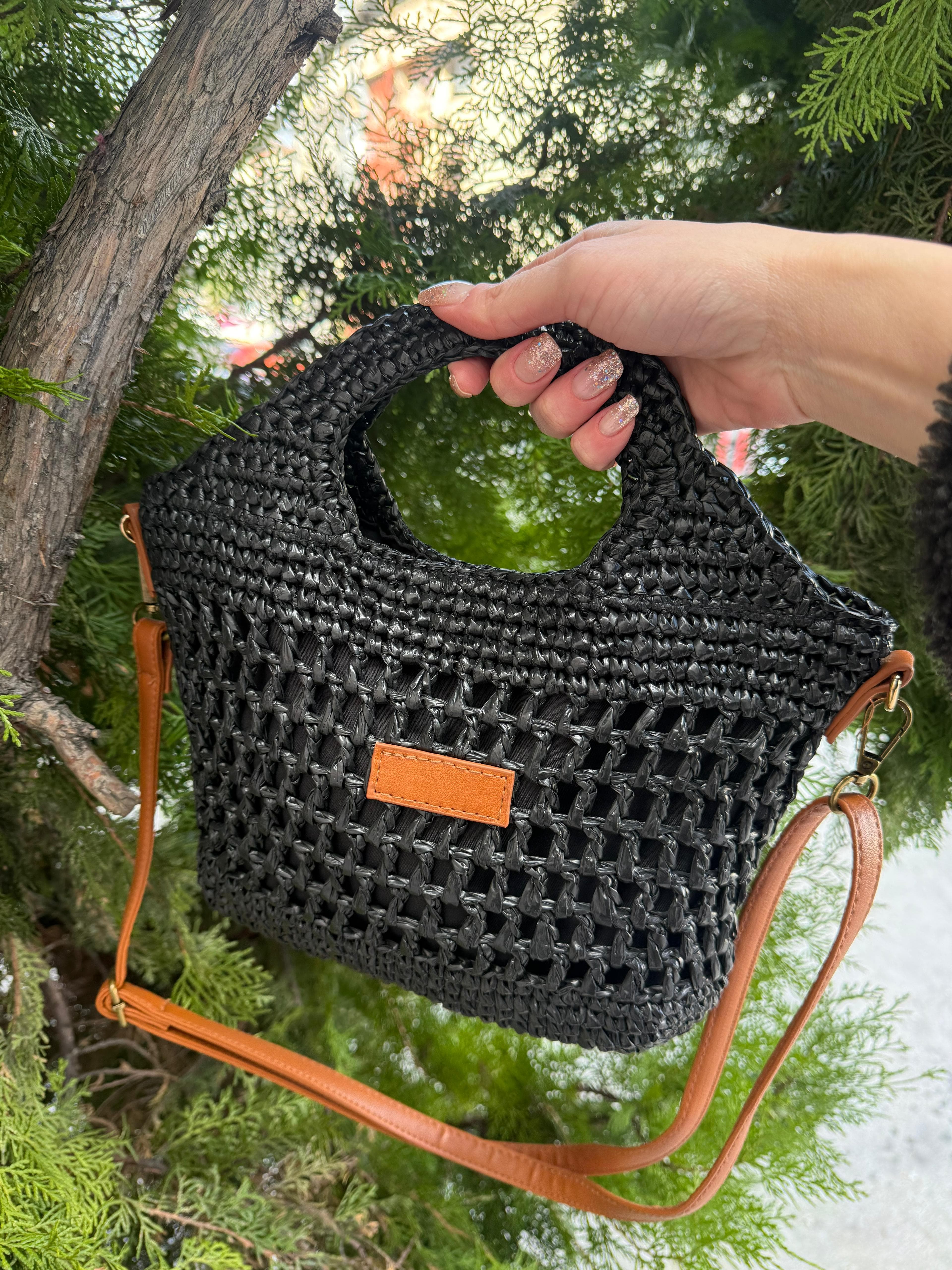 NWC-1061 Siyah Çıtçıtlı Hasır Çanta 30x26x7 cm görsel 2