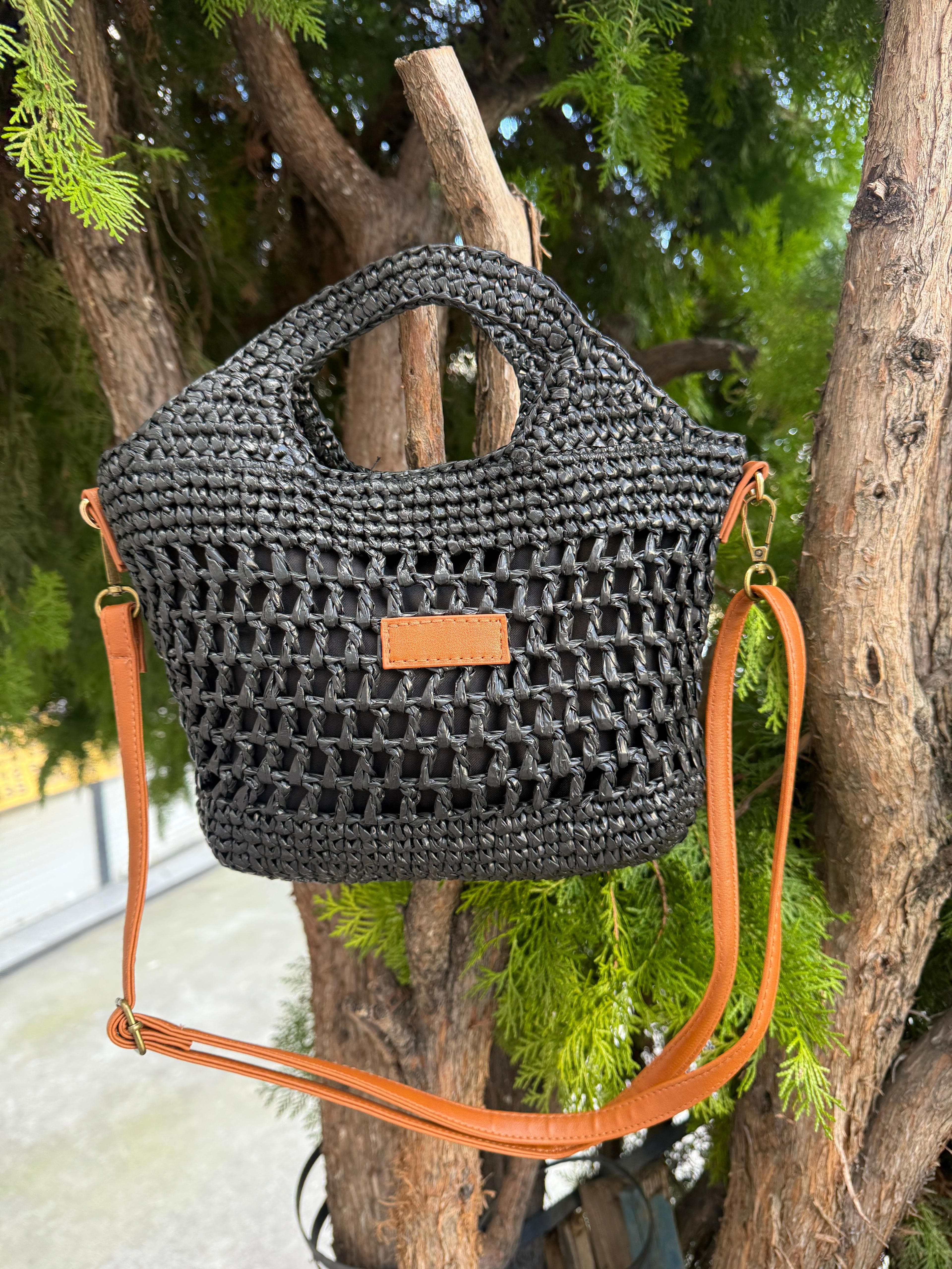 NWC-1061 Siyah Çıtçıtlı Hasır Çanta 30x26x7 cm görsel 3